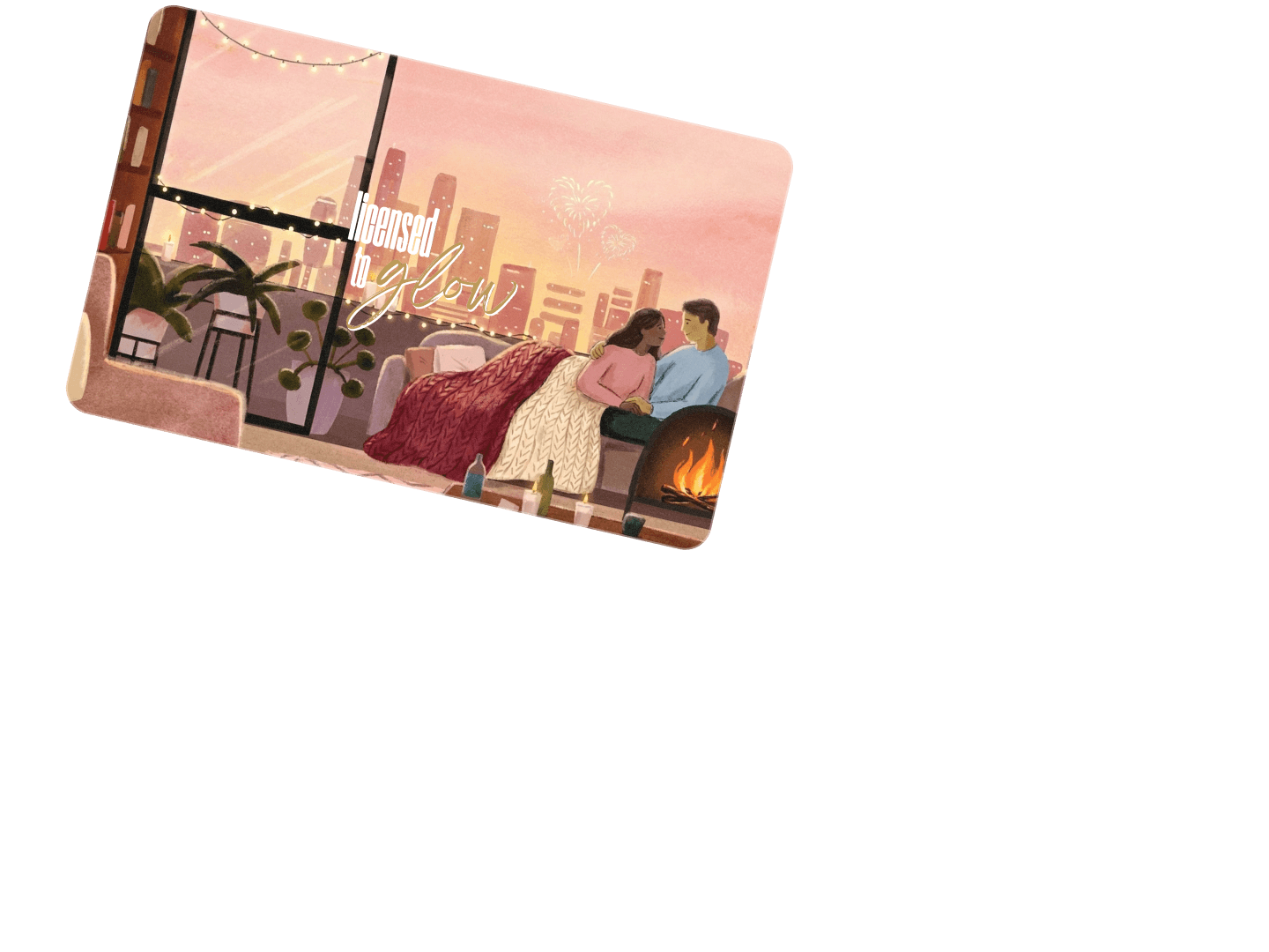 Licensed To Glow gift card with illustrated sunset pool scene